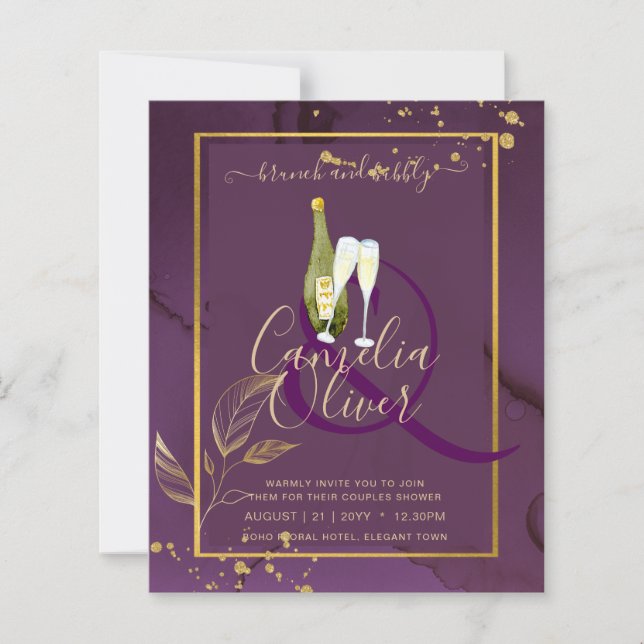 TIEF LILA GOLD-BLÄTTER Einladung Hochzeit (Vorderseite)