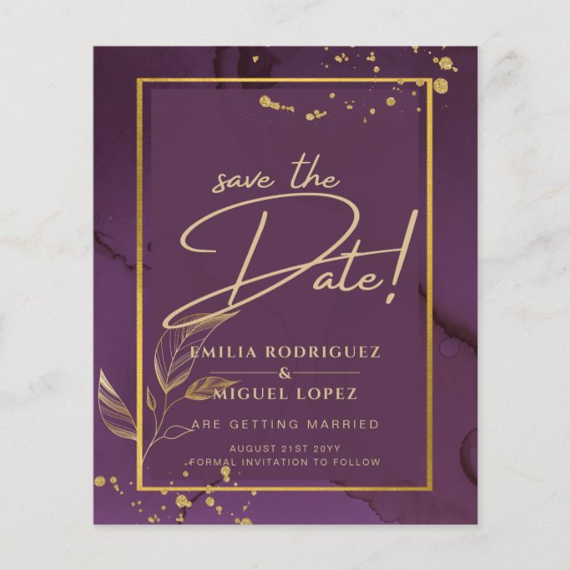 TIEF LILA GOLD-BLÄTTER Einladung Hochzeit Flyer (Vorne)