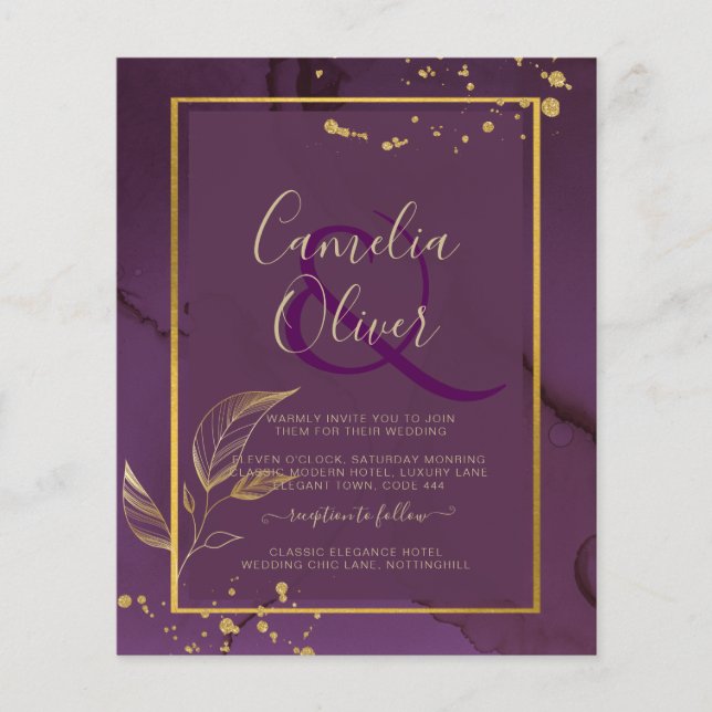 TIEF LILA GOLD-BLÄTTER Einladung Hochzeit Flyer (Vorne)