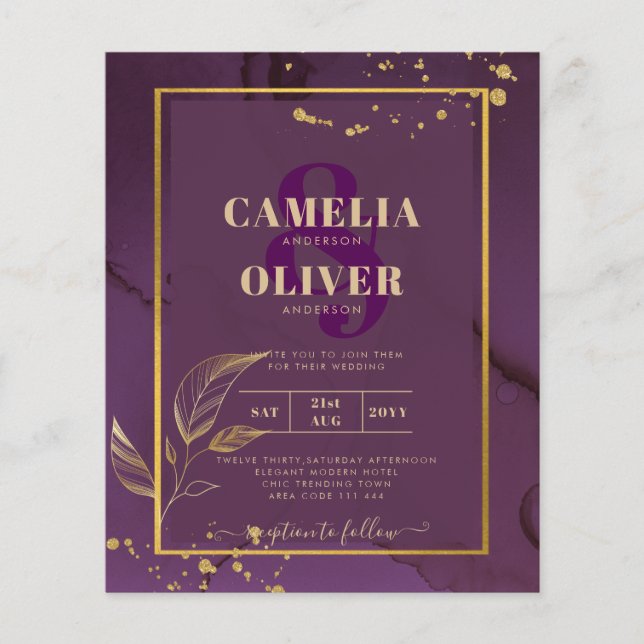 TIEF LILA GOLD-BLÄTTER Einladung Hochzeit Flyer (Vorne)