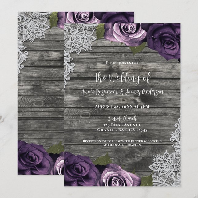 Tief Lila Rose Graue, rustikale, weiße Hochzeit Einladung (Vorne/Hinten)