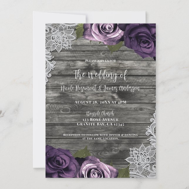 Tief Lila Rose Graue, rustikale, weiße Hochzeit Einladung (Vorderseite)