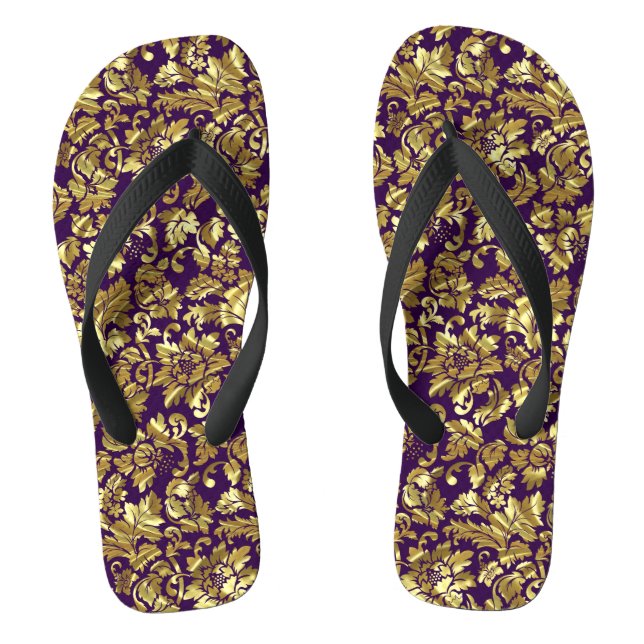 Tief Lila und goldene Blumenmasken Flip Flops (Fußbett)