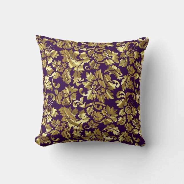 Tief Lila und goldene Blumenmasken Kissen (Vorderseite)