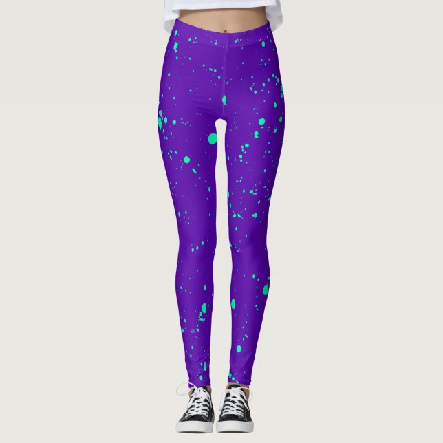 Tief Lila und neon grün lackierter Spritzer Leggings (Vorderseite)