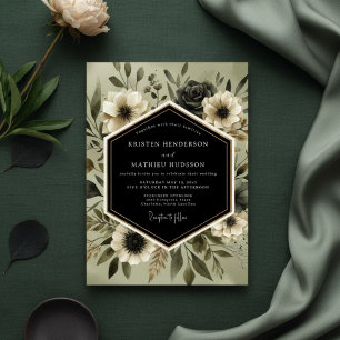 Tief Olive Botanische Romanze Hochzeit Einladung