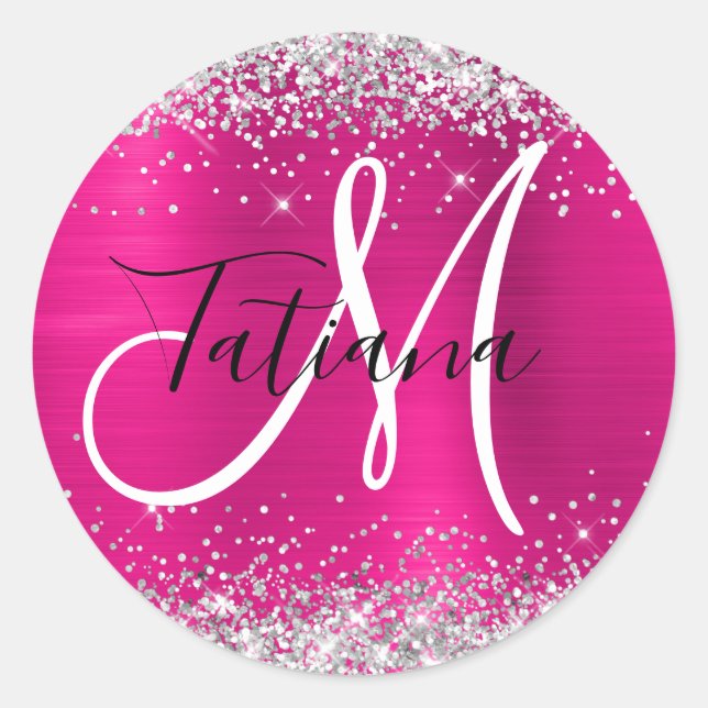 Tief rosa Ombre Foil Silver Glitzer Monogram Runder Aufkleber (Vorderseite)