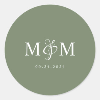 Tief-Sage-Grüne Monogramm-Hochzeitsskalender Umsch Runder Aufkleber