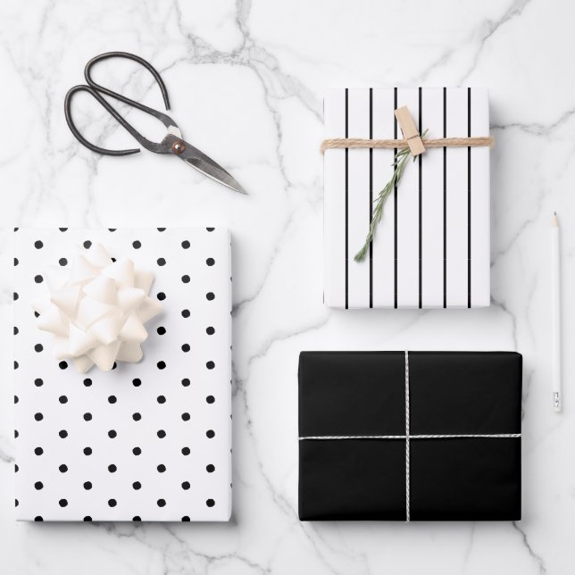Tief schwarzer Polka Dot und gestreift und fest Geschenkpapier Set (Vorderseite)
