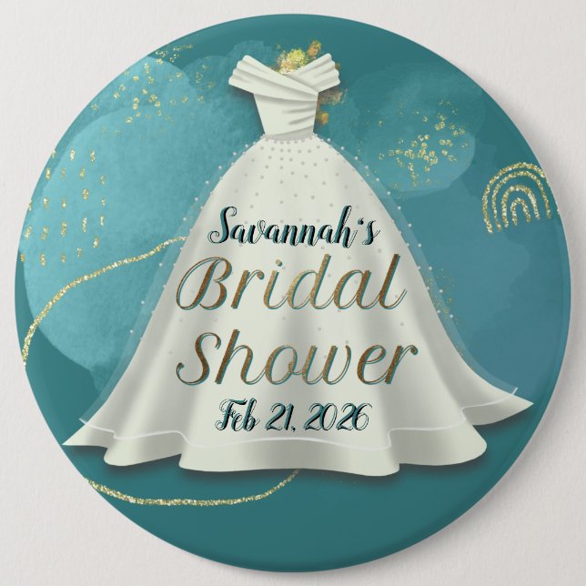 Tief Türkis Gold Glitter Hochzeitskleid Brautparty Button (Vorderseite)