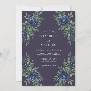 Tief violette blaue botanische Hochzeit Einladung