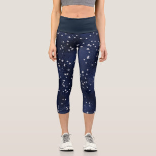 Tiefblau mit silbernen Sternen Muster  Capri Leggings