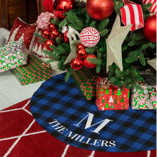 Tiefblau und Schwarz gepunktetes Büffel-Karo-Famil Polyester Weihnachtsbaumdecke