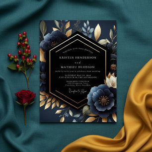 Tiefblaue Blumen Luxus-Hochzeit Einladung