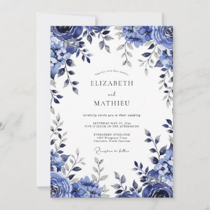 Tiefblaue botanische romantische Hochzeit Einladung
