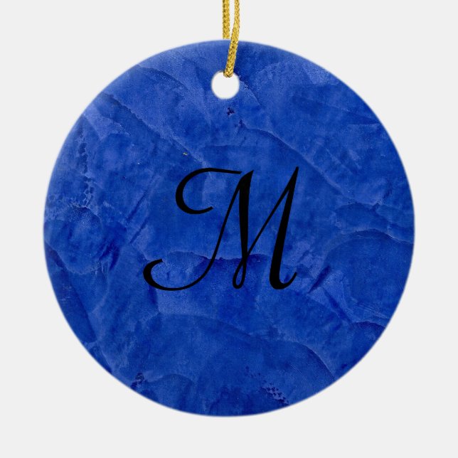 Tiefblaue Faux-Stein-Monogramm-Kreis-Verzierung Keramikornament (Vorne)
