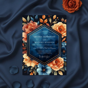 Tiefblaue Florale Herbsthochzeit Einladung