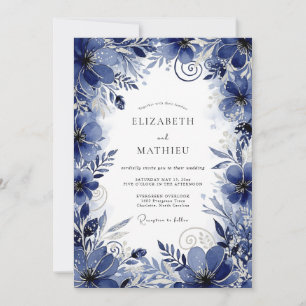 Tiefblaue Florale Hochzeitsromanze Einladung