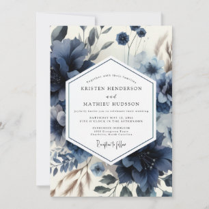 Tiefblaue florale stimmungsvolle Hochzeit Einladung