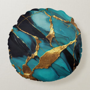 Tiefblaue Marmor mit kräftigen goldenen Adern Rundes Kissen