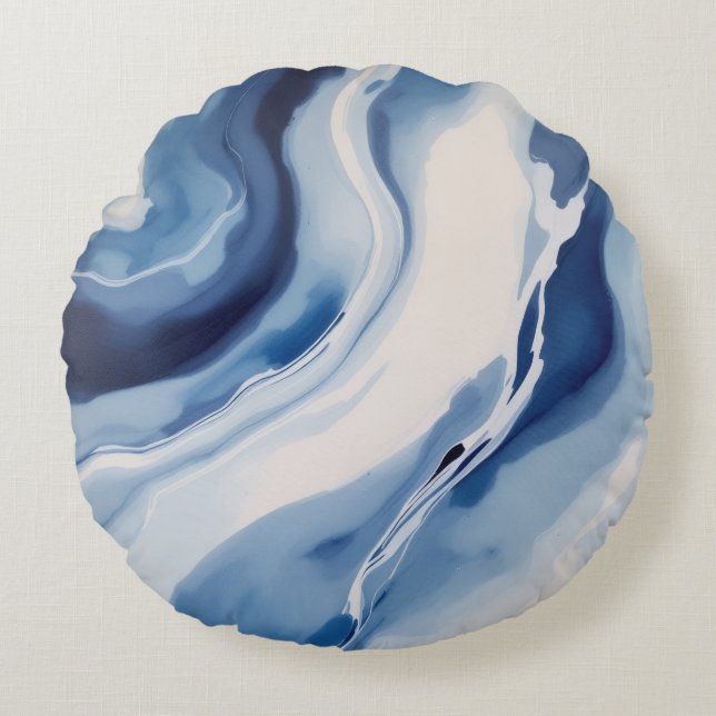 Tiefblaue Marmorierung Rundes Kissen (Vorderseite)