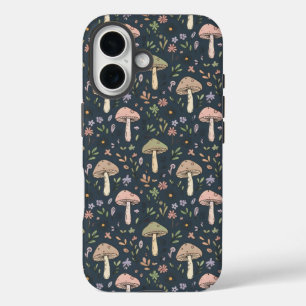 Tiefblaue Pilze Nahtloses Muster Akademisch iPhone 16 Hülle