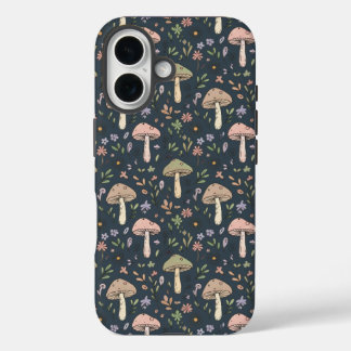 Tiefblaue Pilze Nahtloses Muster Akademisch iPhone 16 Hülle