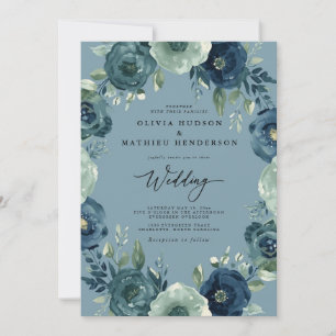 Tiefblaue romantische Hochzeit mit Blumen Einladung