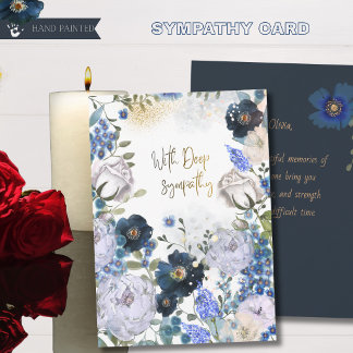 Tiefblaue und goldene florale Wasserfarbe-Trauerka Feiertagskarte