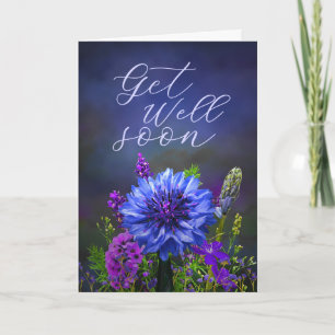Tiefblaue und violette Blumen-„Bald wieder gesund“ Karte