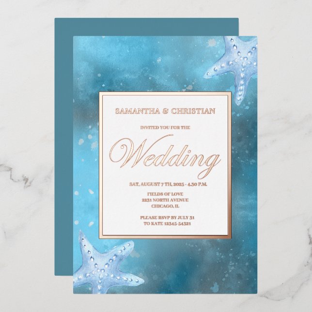 Tiefblaues Meer Hochzeit Real Foil Einladung (Vorderseite/Rückseite)
