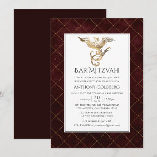 Tiefburgund- und Gold-Drache-Themen-Bar-Mizwa Einladung