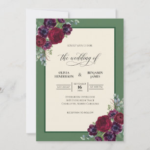 Tiefe Pflaume Olivenbouquet Eukalyptus-Hochzeit Einladung