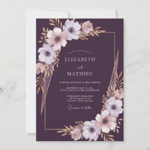 Tiefe Pflaumen-Anemonen-Hochzeit Einladung