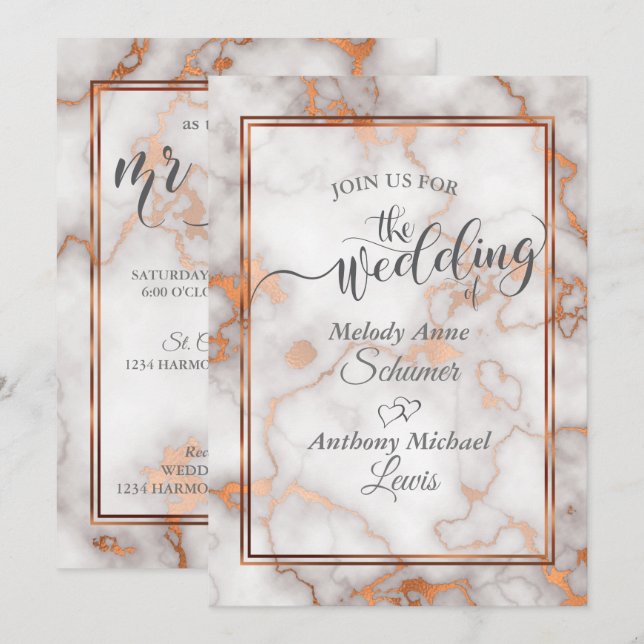 Tiefe Rose Gold/Kupfer-Marmorkalligraphie Einladung (Vorne/Hinten)