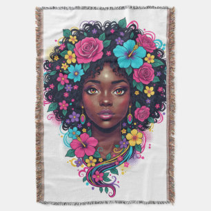 Tiefe schwarze Frau mit hellen Blumen im Afro Decke