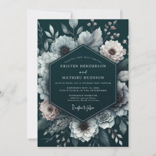 Tiefe Teal-Blumenromanze-Hochzeit Einladung