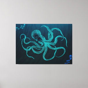 Tiefer Ozean Blau mit Kraken und Fischen Leinwanddruck