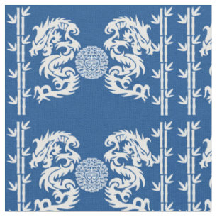 Tiefes Blau mit Drachen und Bambus Stoff