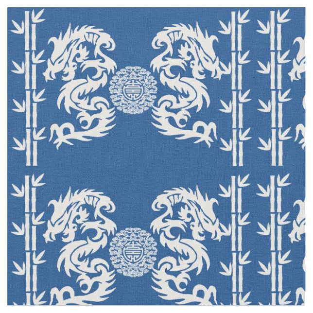Tiefes Blau mit Drachen und Bambus Stoff (Nahaufnahme)