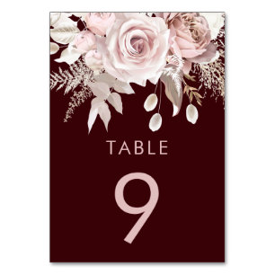 Tiefes Burgund & Blush Florale Hochzeitsfeier Tischnummer
