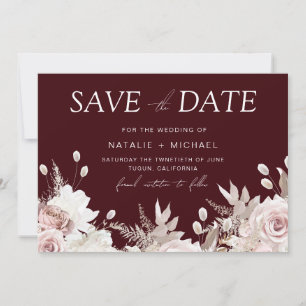 Tiefes Burgunderrot Boho Blumenhochzeit Save The Date