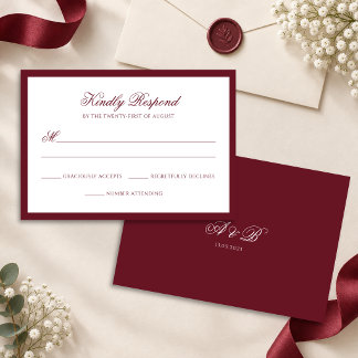 Tiefes Burgunderrot-Rand-Monogramm-Script-Hochzeit RSVP Karte