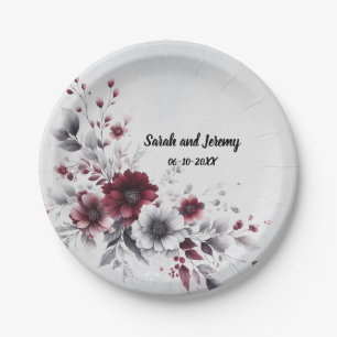 Tiefes Burgunderrot Silber Grau Aquarell Floral Ma Pappteller