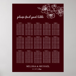 Tiefes Burgunderweiß Floral | Hochzeits-Sitzplan Poster