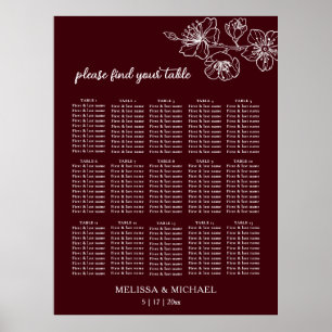 Tiefes Burgunderweiß Floral   Hochzeits-Sitzplan Poster