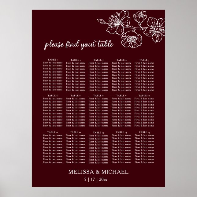 Tiefes Burgunderweiß Floral | Hochzeits-Sitzplan Poster (Vorne)
