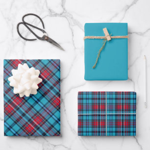 Tiefes Indigo, Aqua, Rot und Blautöne Karo Geschenkpapier Set