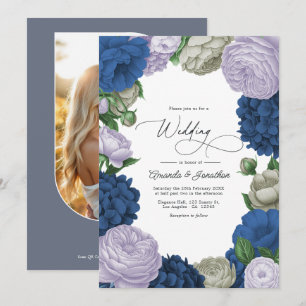 Tiefes Navy, sanftes Lilac und Cloud Gray Florale Einladung