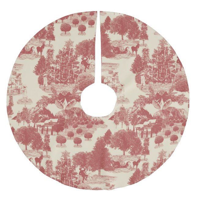 Tiefes Rot und Creme Weihnachten Winter Wunderland Polyester Weihnachtsbaumdecke (Vorderseite)